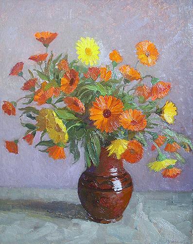 Boris Hudiakov. Flowers. Calendula. 1980. Illustration board, oil