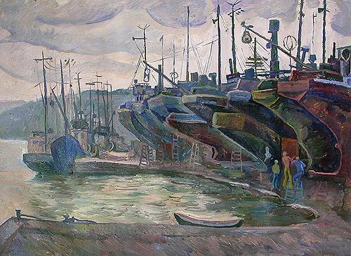 Preparing for Fishing. Kerch seascape - oil painting