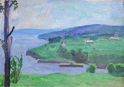 Sketch. The Volga Bank summer landscape - oil painting