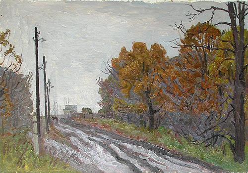 Sketch. Country Road autumn landscape - oil painting