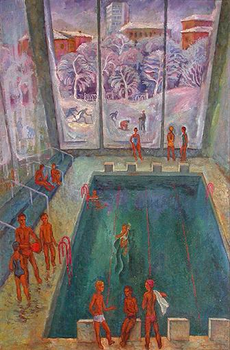 In the Pool genre scene - oil painting