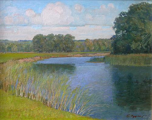 The Utka River summer landscape - oil painting