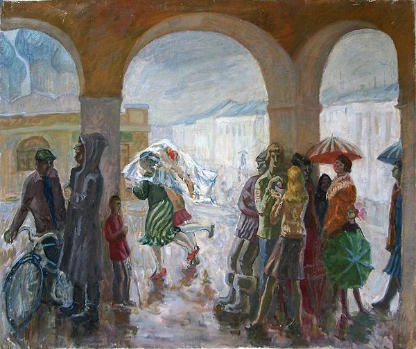 Rain in Rostov the Great genre scene - oil painting