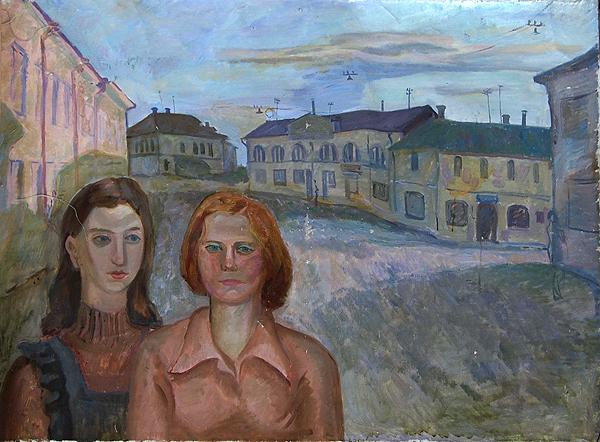 Old Town genre scene - oil painting