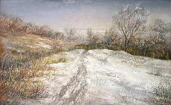 Old Snow on the Volga Slope winter landscape - oil painting