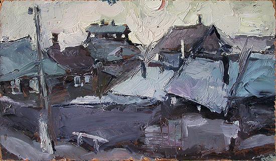 Roofs rural landscape - oil painting