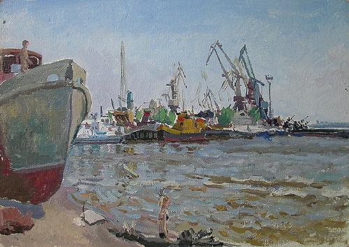 River Port industrial landscape - oil painting