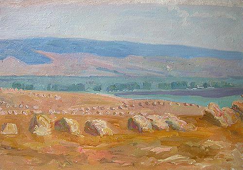 August. Fields summer landscape - oil painting
