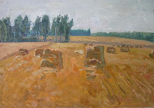 Mowed Field. August summer landscape - oil painting