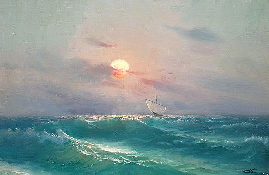 Rising Moon seascape - oil painting