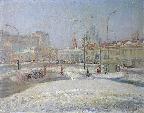 Taganskaya Square. March cityscape - oil painting