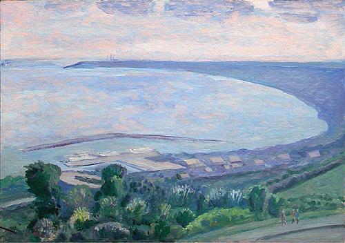 Sketch. View of the Port from the Volga Slope seascape - oil painting