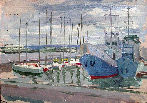 Sketch. At the Quay seascape - oil painting