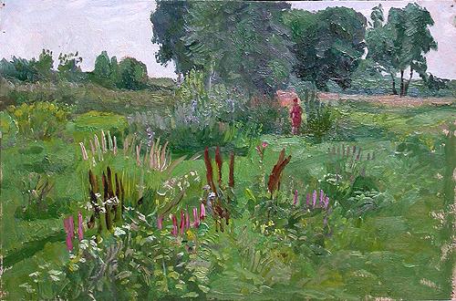 Sketch. Flood Land. Water Meadows summer landscape - oil painting