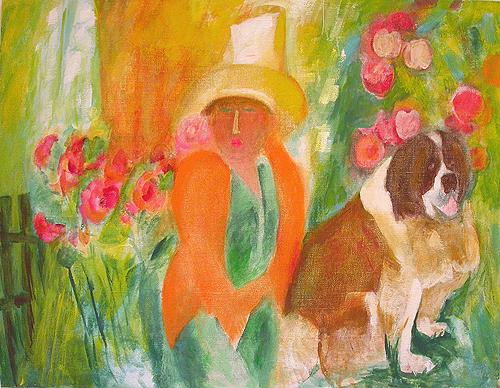 Lady with a Dog figurative art - acrylic painting