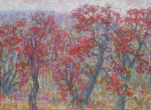 Red Trees autumn landscape - oil painting