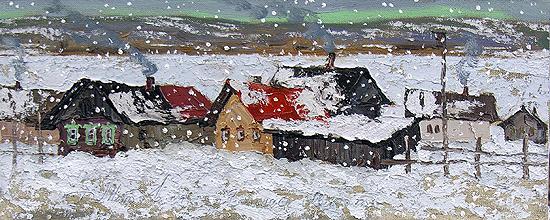 Snowing rural landscape - oil painting