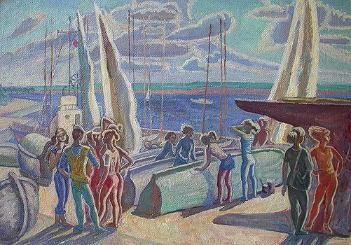 Yacht Club on the Volga River genre scene - oil painting