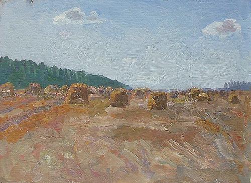 Mowed Field. Sketch summer landscape - oil painting