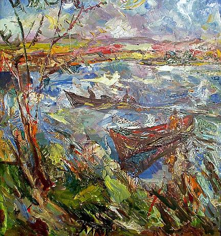 Landscape with Boats abstract landscape - oil painting