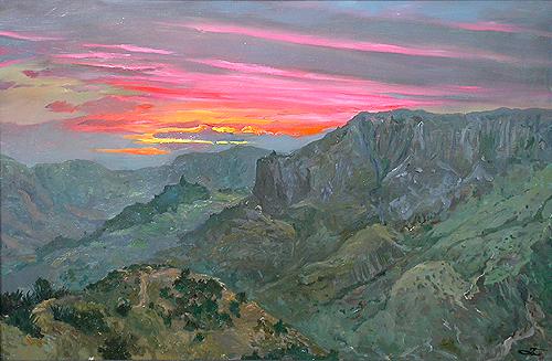 Sunset mountain landscape - oil painting