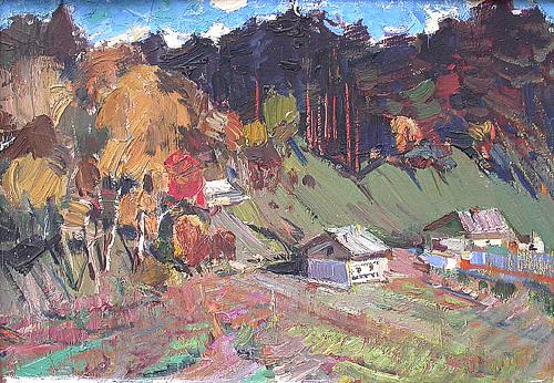 Neighborhood of a Village rural landscape - oil painting