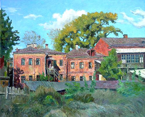 Sunlit Brick House cityscape - oil painting