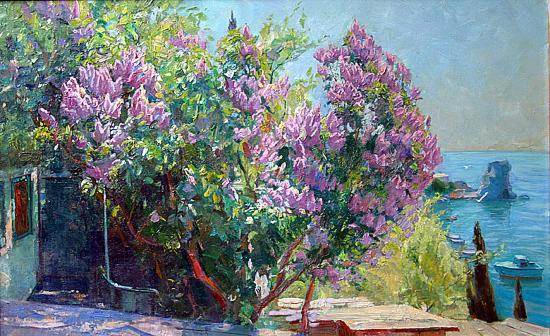 Gurzuf. Lilac in Blossom seascape - oil painting