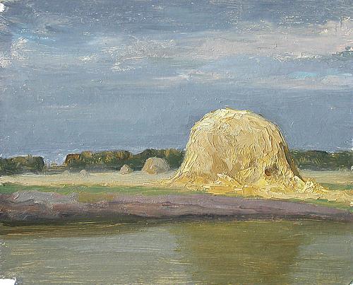 Haystack summer landscape - oil painting