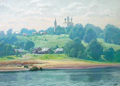 Bank. The Volga River rural landscape - oil painting
