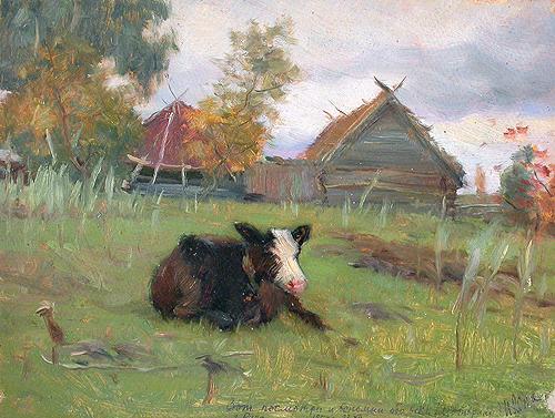 At the Farm rural landscape - oil painting