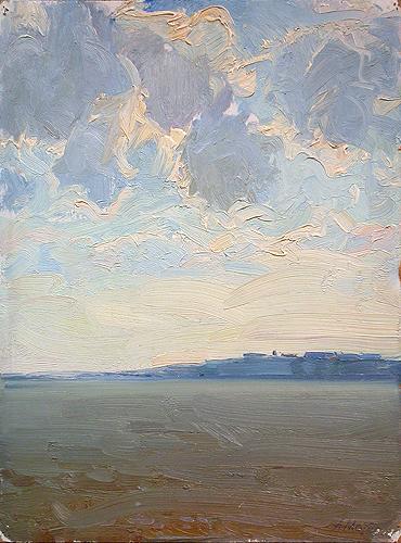 Clouds over the Volga River seascape - oil painting